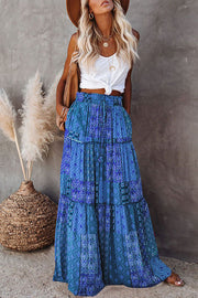 Floral Print Stretch Elastic Waist Pocket High Waist Skirt