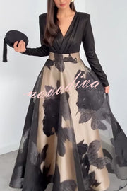 Chic Celebration Glossy Fabric Pleated V-neck Long Sleeve Stretch Bodysuit