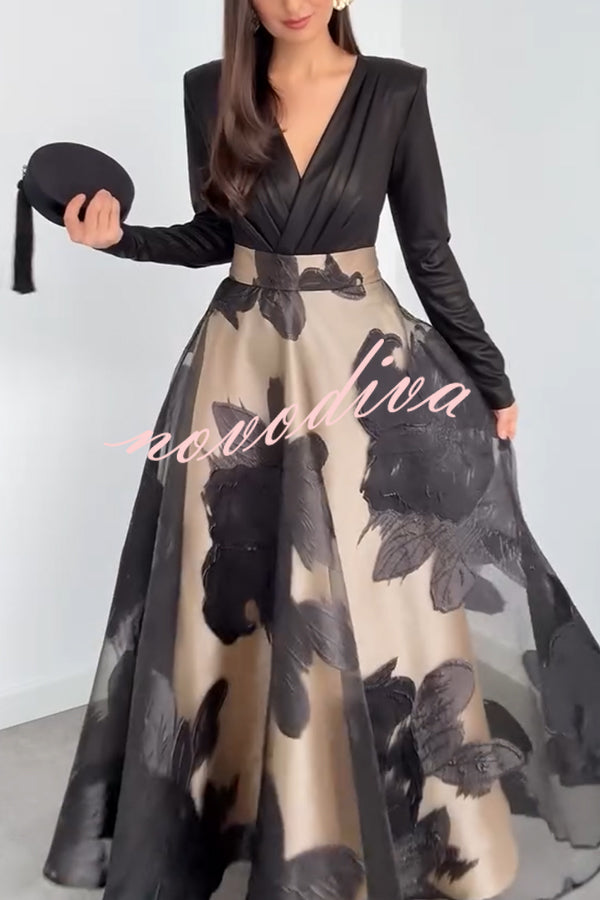 Chic Celebration Glossy Fabric Pleated V-neck Long Sleeve Stretch Bodysuit