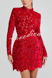 Lydia Embroidered Floral Lace Long Sleeve Belt Tulip Shaped Mini Dress