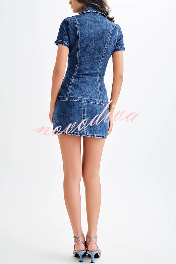 Modern Flavor Denim High Rise Back Zipper A-line Stretch Mini Skirt