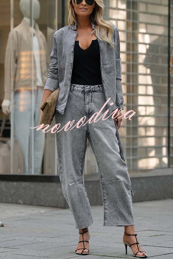 Casual Meetup Washed Denim Mid Rise Pocketed Barrel Jeans