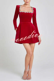 Endless Celebration Velvet Jewel Embellished Trim Long Sleeve Pocketed Mini Dress