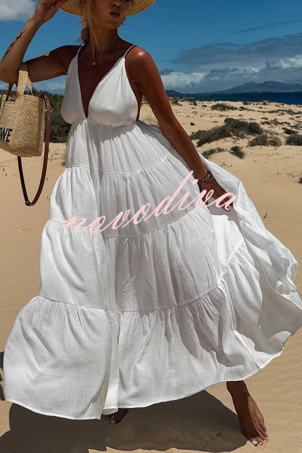 Bohemian Style V-neck Backless Slip Layered Vacation Maxi Dress