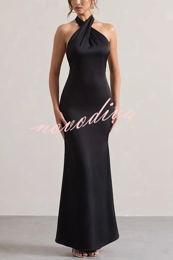 Solid Color Halter Neck Tie Sexy Backless Slim Maxi Dress