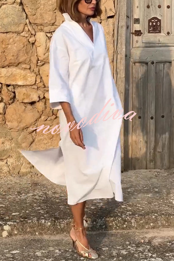 Solid Color V-neck Half-sleeve Loose Slit Midi Dress