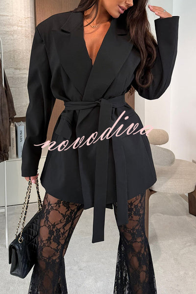 Chic Moment Lapel Long Sleeve Belt Pocketed Oversized Blazer
