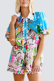 Unique Printed Wave Lace Puff Sleeve Loose Shirt and Elastic Waist Pocket Shorts Set