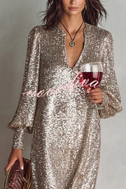 Minimalist Sparkling Sequin V-neck Long Balloon Sleeve Slit Party Maxi Dress