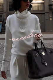 Morning Coffee Walks Ribbed Turtleneck Long Sleeve Sweatshirt and Elastic Waist Pocketed Loose Pants Set