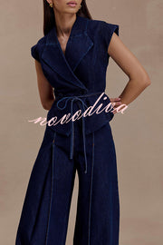 Charley Denim Button Up Cap Short Sleeve Structured Tie-up Lapel Top