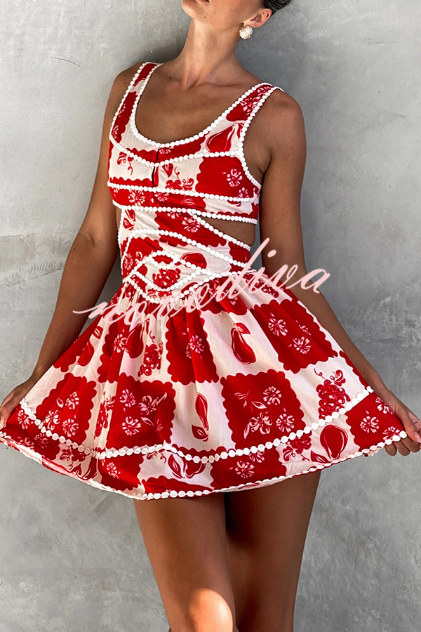 Holiday Colors Ric Rac Trims Unique Print Cutout Round Neck Mini Dress