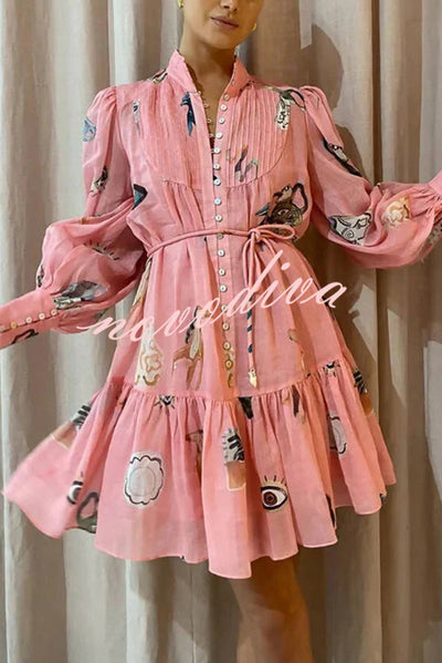 Unique Print Single Breasted Balloon Sleeve Tie Waist Ruffled Mini Dress