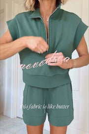 Buttery Touch Half-Zip Short Sleeve Sweatshirt and Elastic Waist Pocket Casual Shorts Set