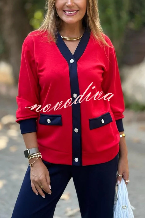 Stylish Color-blocked V-neck Knitted Button-down Cardigan and Elastic Waist Casual Wide-leg Pants Set