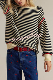 Fashion Striped Colorblock Loose Round Neck Long-sleeved Knitted Sweater