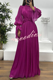 Ellah Shiny Fabric Chinese Stand Collar Twist Waist Balloon Sleeve Maxi Dress