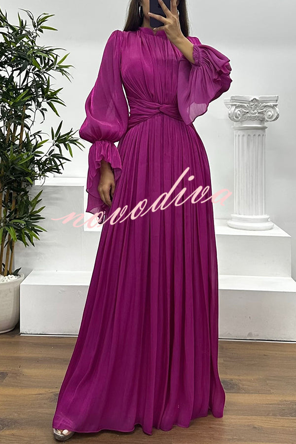 Ellah Shiny Fabric Chinese Stand Collar Twist Waist Balloon Sleeve Maxi Dress