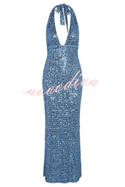 Mermaid Vibe Sequin Deep V-neck Backless Lace-up Maxi Dress