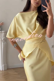 Secret of Elegance Satin Slit Back Lace-up Top and Elastic Waist Flare Maxi Skirt Set