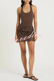 Shine Your Event Ruched Sequin Draped Hem Tank Stretch Mini Dress