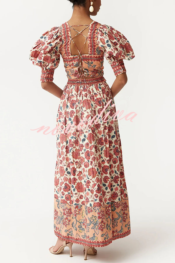 Floral Print Square Neck Puff Sleeve Tie Top and Elegant Casual Maxi Skirt Set