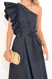 Solid One Shoulder Ruffled Sleeves Tie Waist Maxi Dress