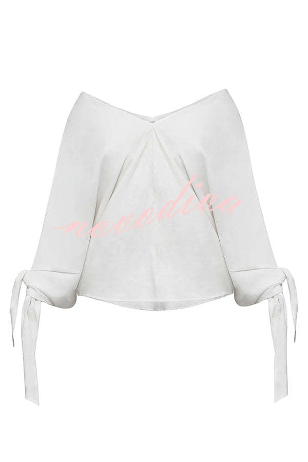 Joyful Bond Linen Blend V-neck Knotted Cuff Half Sleeve Loose Top