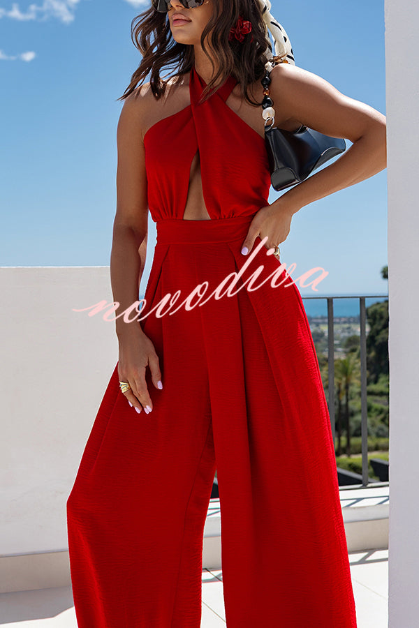 Easy Mode Cross-neck Halter Strap Backless Wide Leg Jumpsuit