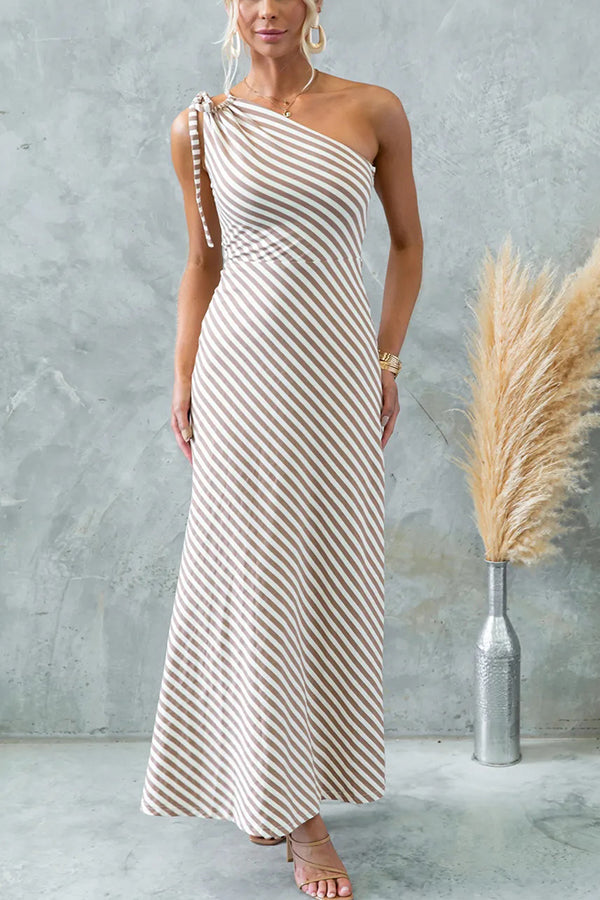 Stylish Striped Print One Shoulder Slope-neck Maxi Dress