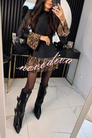 Fashionable Splicing Leopard Print Bell Sleeve Stretch Mini Dress