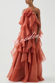 Free - Flowing Rose Detail Tiered Ruffles Halter A-line Maxi Dress