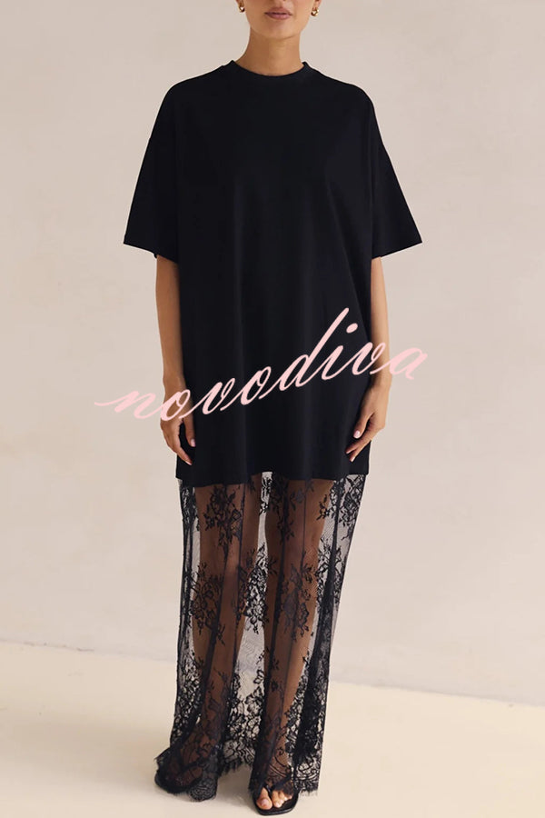 Ophelia Short Sleeve Sheer Floral Lace Hem Oversized T-shirt Maxi Dress