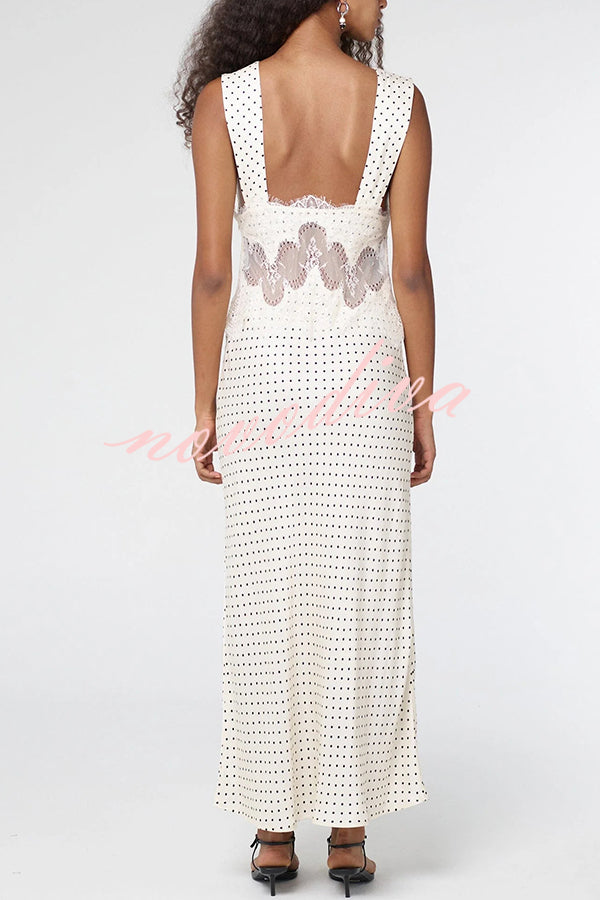 Wonderful Fusion Satin Lace Trim Poka Dot V-neck Drape Maxi Dress