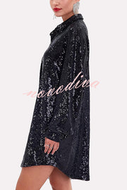 Solid Color Sequined Long-sleeved Casual Mid-length Loose Shirt