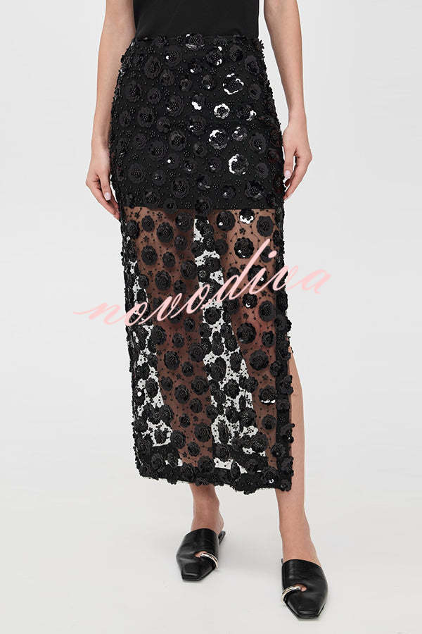 Gorgeous Flower Embellished Sequin Sheer High Rise Slit Midi Skirt