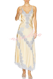 Wine Tasting Contrast Color Satin Lace Trim V-Neck Slip Tank
