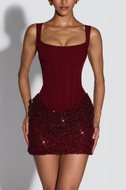 Yeona Square Neck Back Lace-up Sequin Embroidery Drape Hem Mini Dress