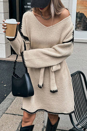 Stylish Loose-fitting Long-sleeved Tie-waist Knit Mini Dress