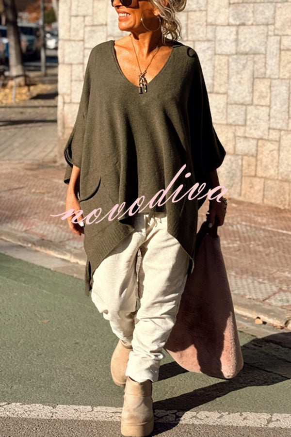 Fashion V-neck Loose Pocket Mid-length Knitted Sweater