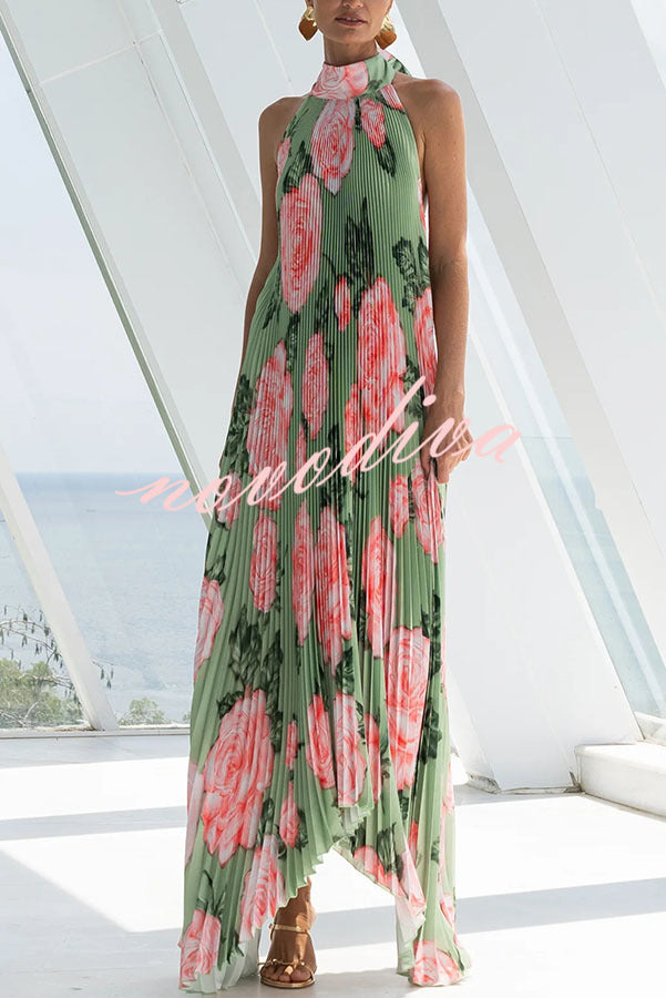 Opera Pleated Floral Halter Asymmetric Hem A-line Maxi Dress