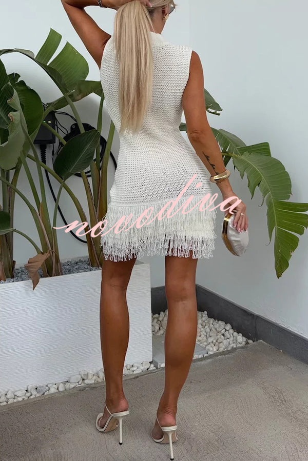 Fashion Knitted Round Neck Sleeveless Slim Fit Fringed Hem Mini Dress