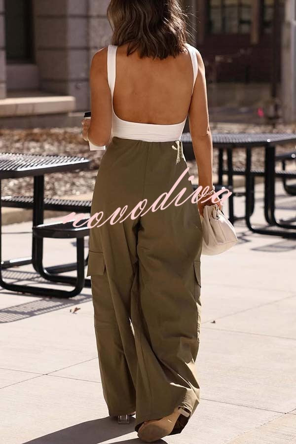 Great Week Pleated Elastic Waist Zipper Pocket Wide Leg Cargo Pants