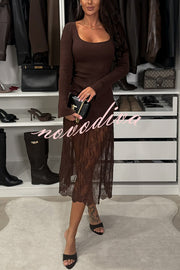 Ellie Ribbed Knit Square Neck Long Sleeve Lace Patchwork Hem Midi Dress