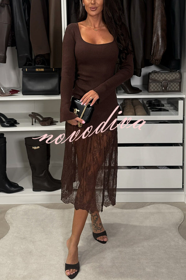 Ellie Ribbed Knit Square Neck Long Sleeve Lace Patchwork Hem Midi Dress