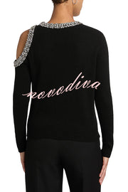 Holiday Party Knit Crystal-Embellished Cut-out Shoulder Long Sleeve Top