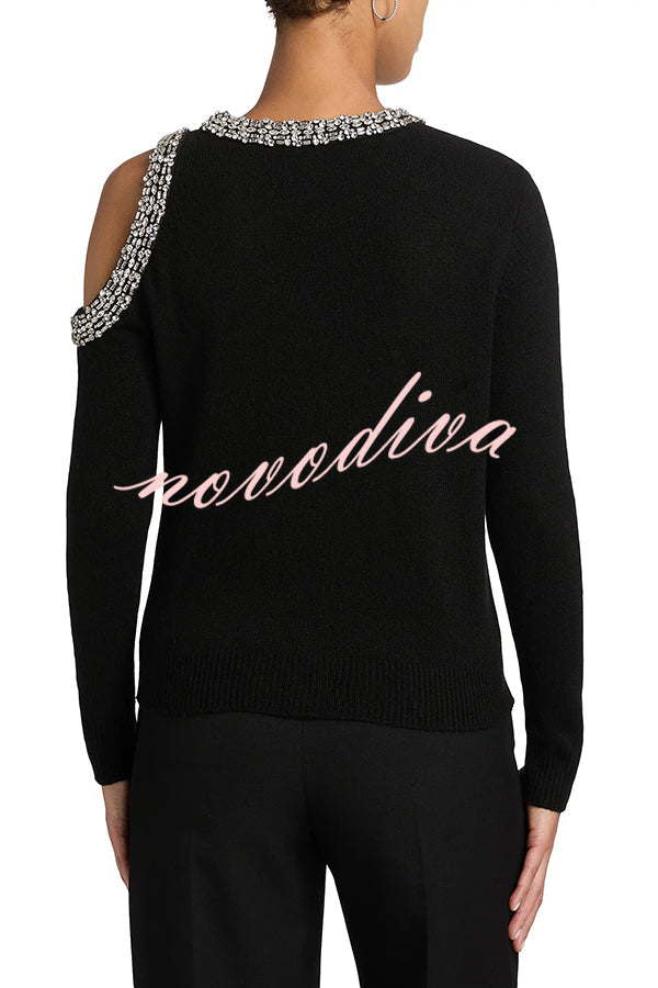 Holiday Party Knit Crystal-Embellished Cut-out Shoulder Long Sleeve Top