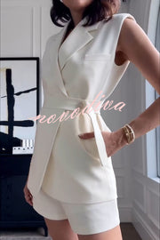 Luiza Detachable Button Belt Lapel Vest and High Rise Pocket Loose Shorts Set
