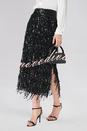 Evening Charm Layered Sequined Tassels High Rise Back Zipper Slit Midi Skirt