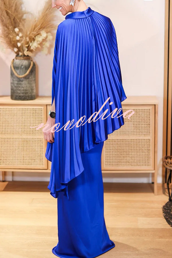 Lily Satin Solid Color Pleated Loose Cape and Elegant Maxi Skirt Set